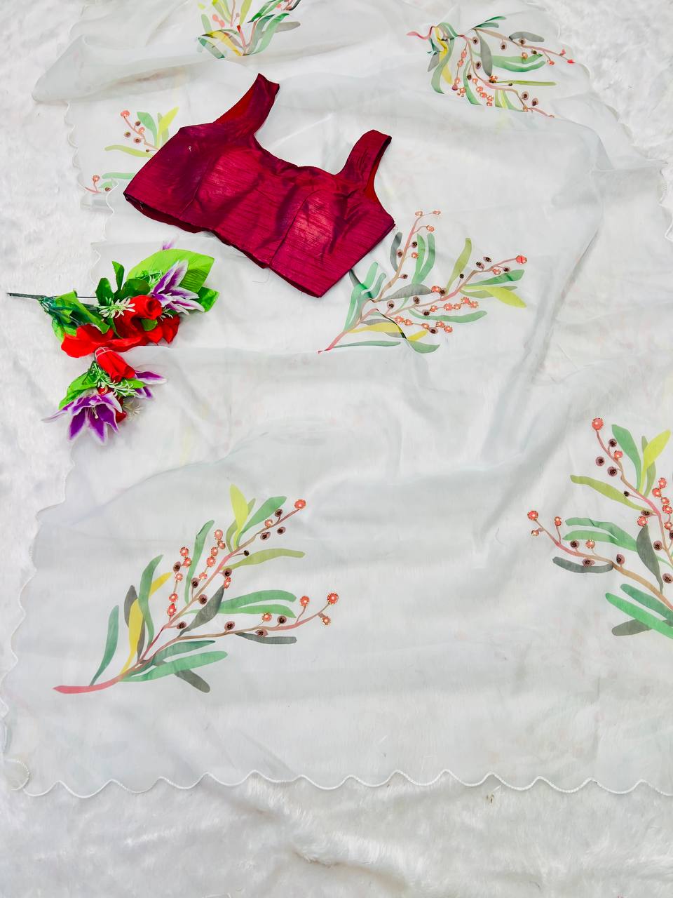 Soft Organza Digital Print Saree With Full Handwork And Border Stitched Silk Blouse
