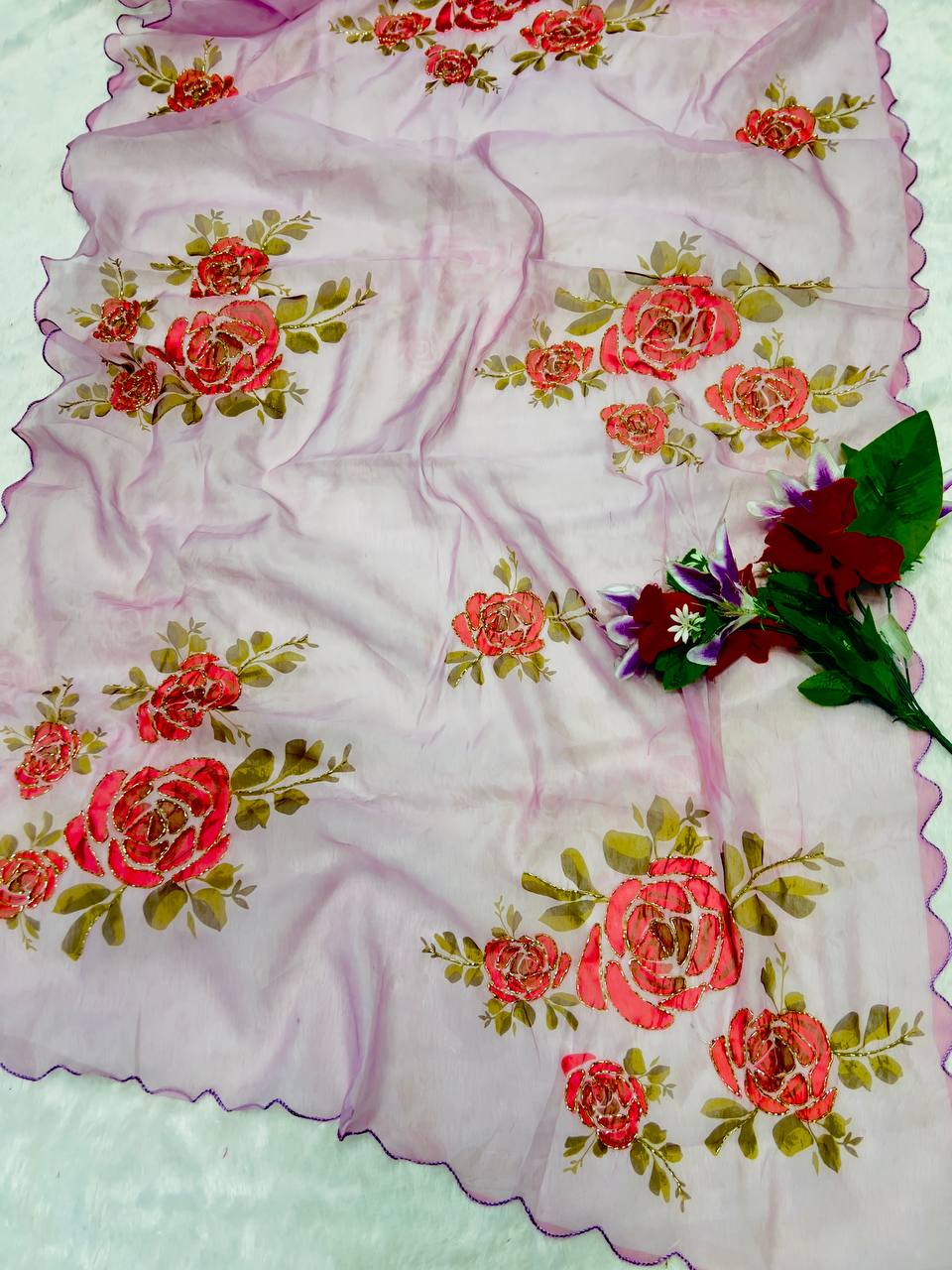 Soft Organza Digital Print Saree With Full Handwork And Border Stitched Silk Blouse