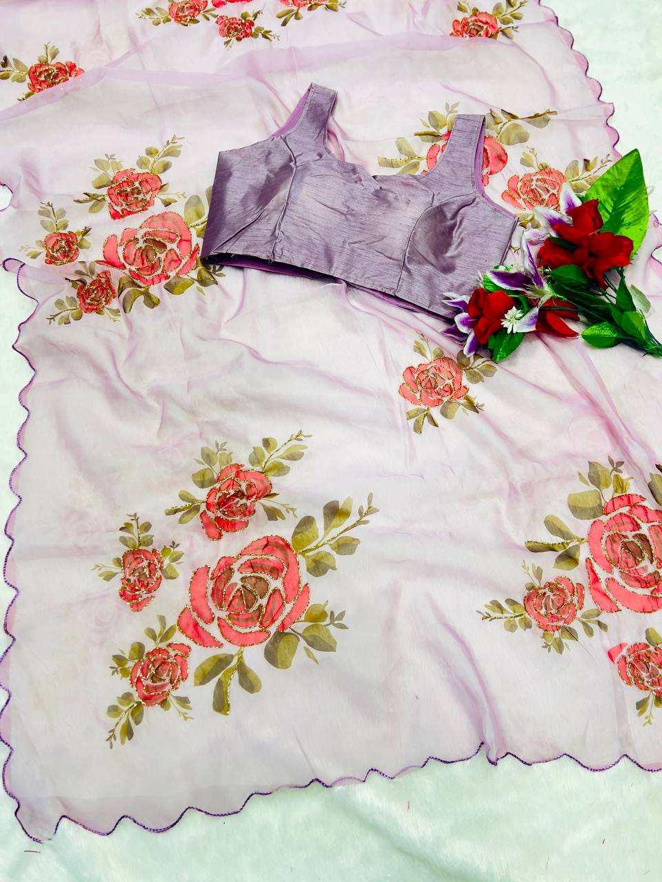 Soft Organza Digital Print Saree With Full Handwork And Border Stitched Silk Blouse