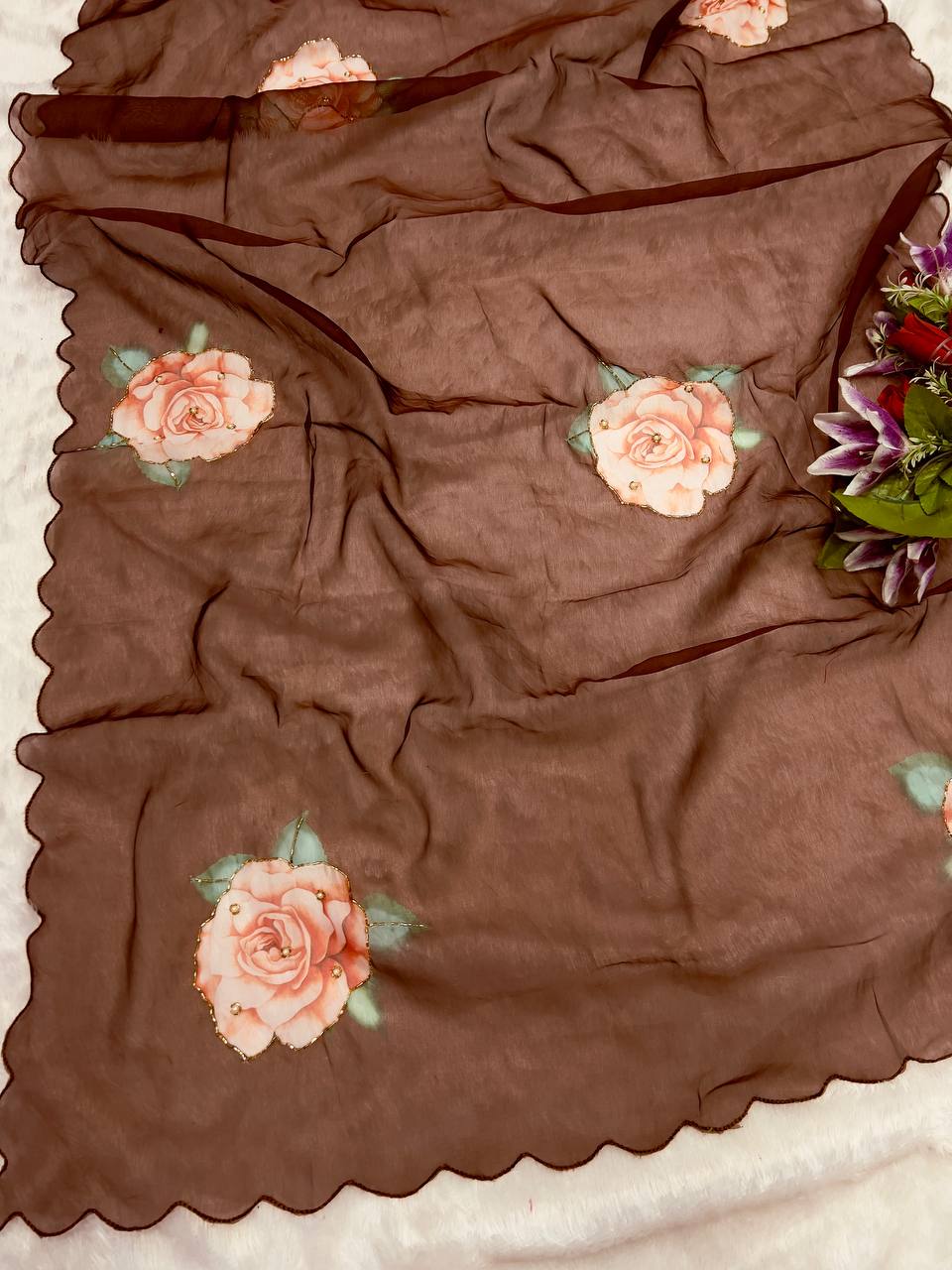 Soft Organza Digital Print Saree With Full Handwork And Border Stitched Silk Blouse