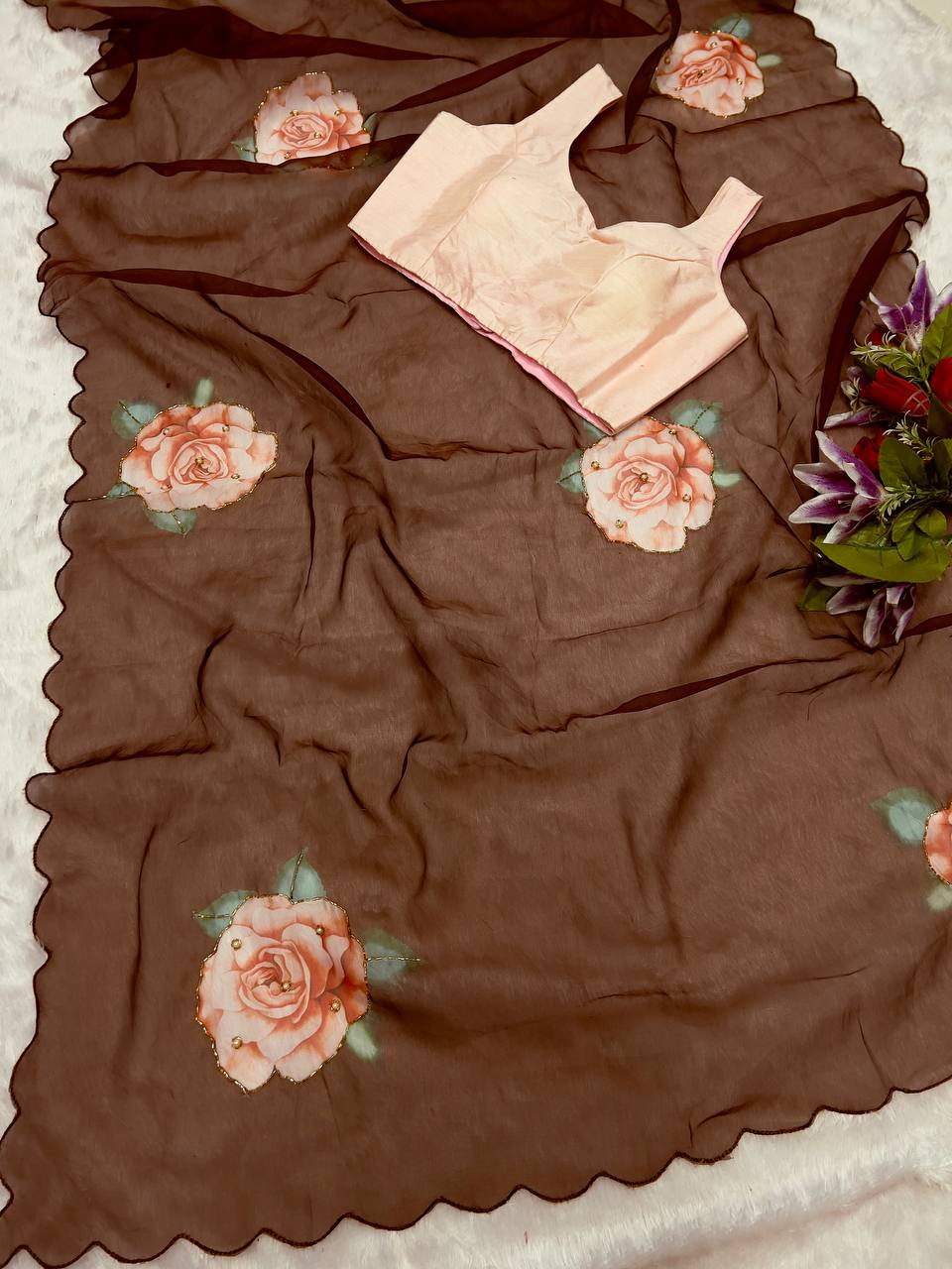 Soft Organza Digital Print Saree With Full Handwork And Border Stitched Silk Blouse