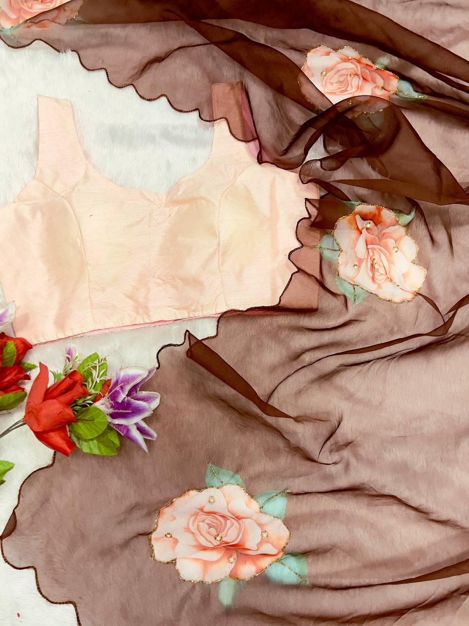 Soft Organza Digital Print Saree With Full Handwork And Border Stitched Silk Blouse