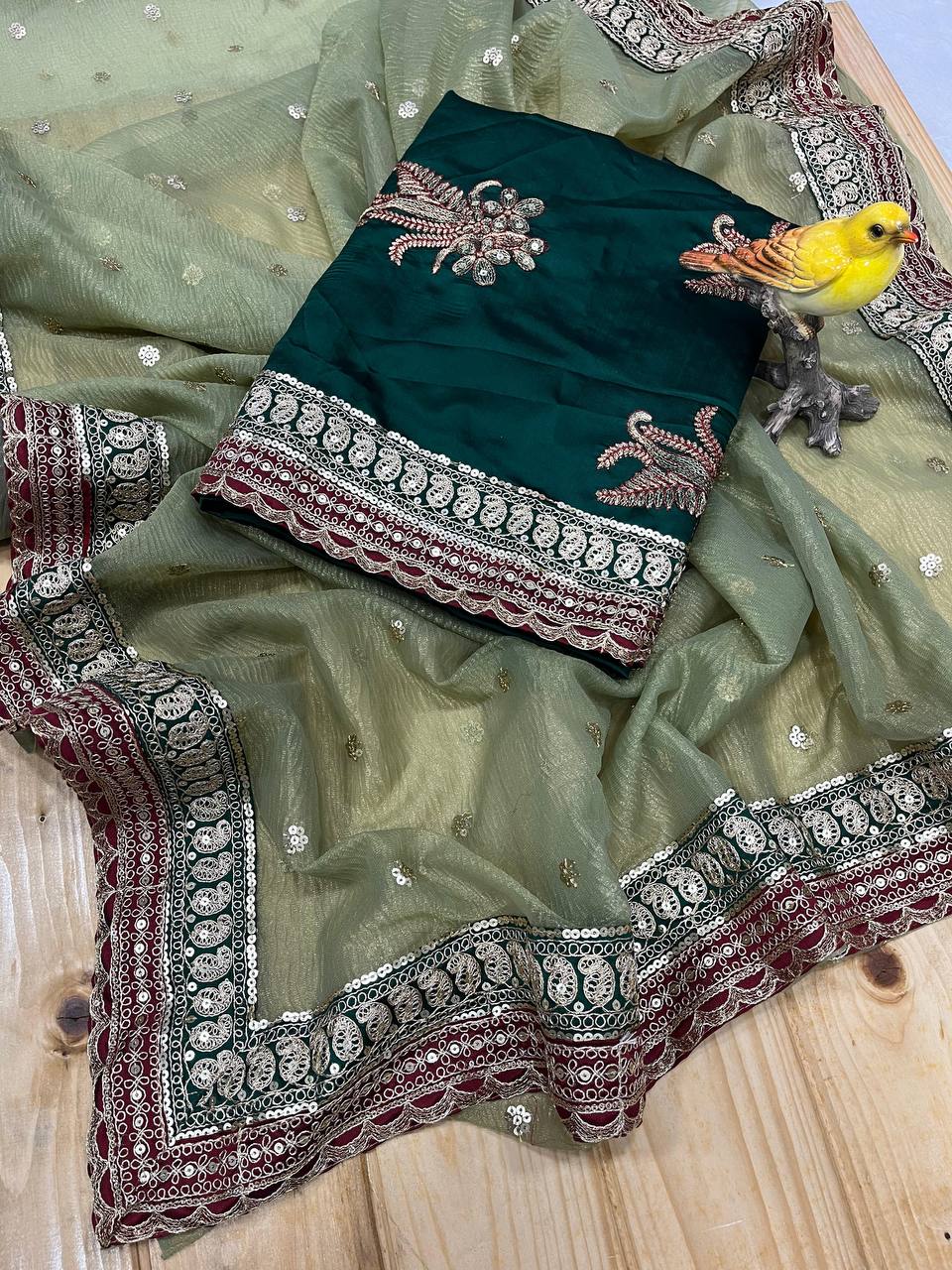 Heavy Twilve Banarasi Crush Saree with Sequins, Cording Embroidery, Jari Weave, Lace Border, with Tapeta Silk Blouse