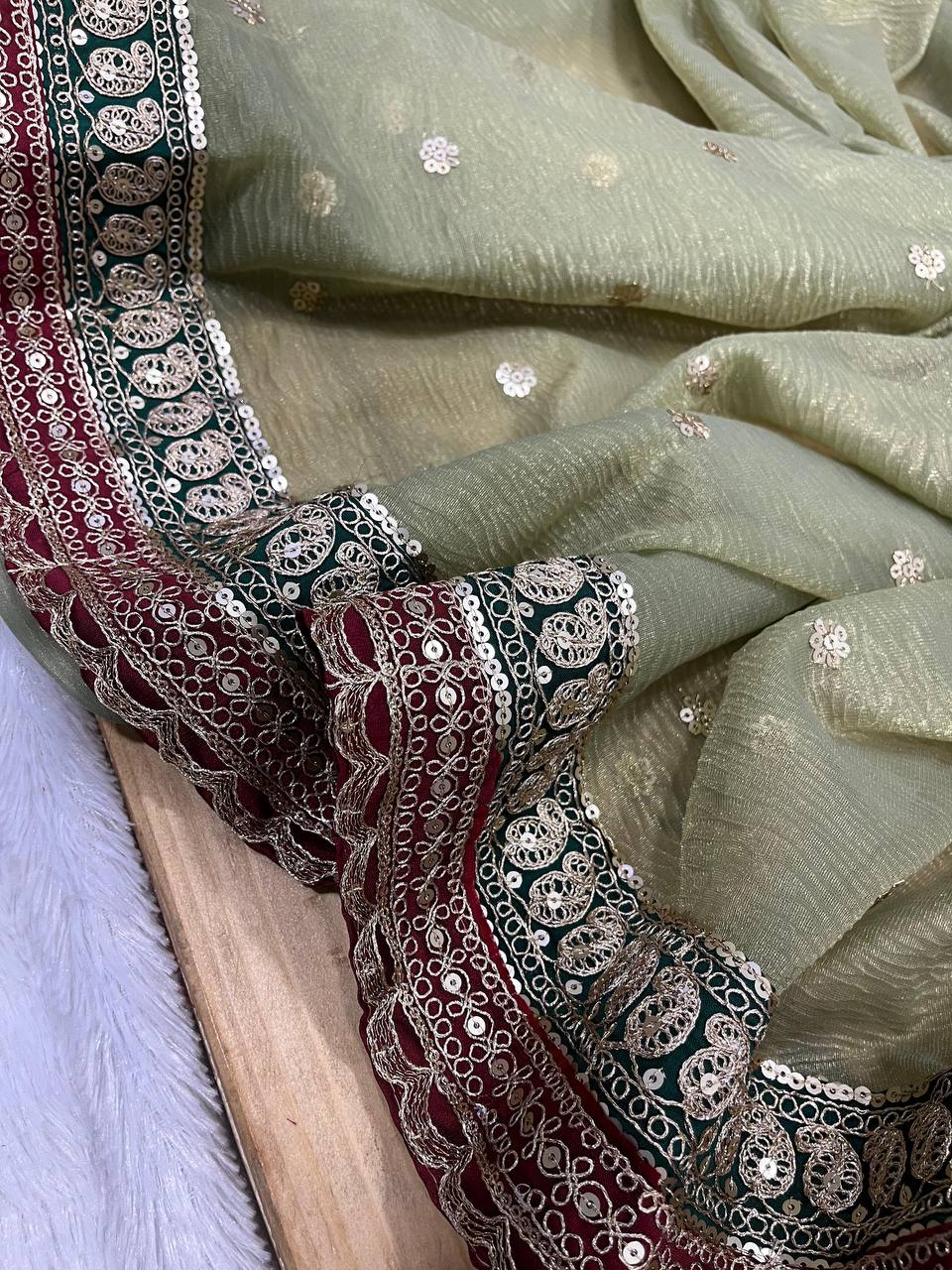 Heavy Twilve Banarasi Crush Saree with Sequins, Cording Embroidery, Jari Weave, Lace Border, with Tapeta Silk Blouse