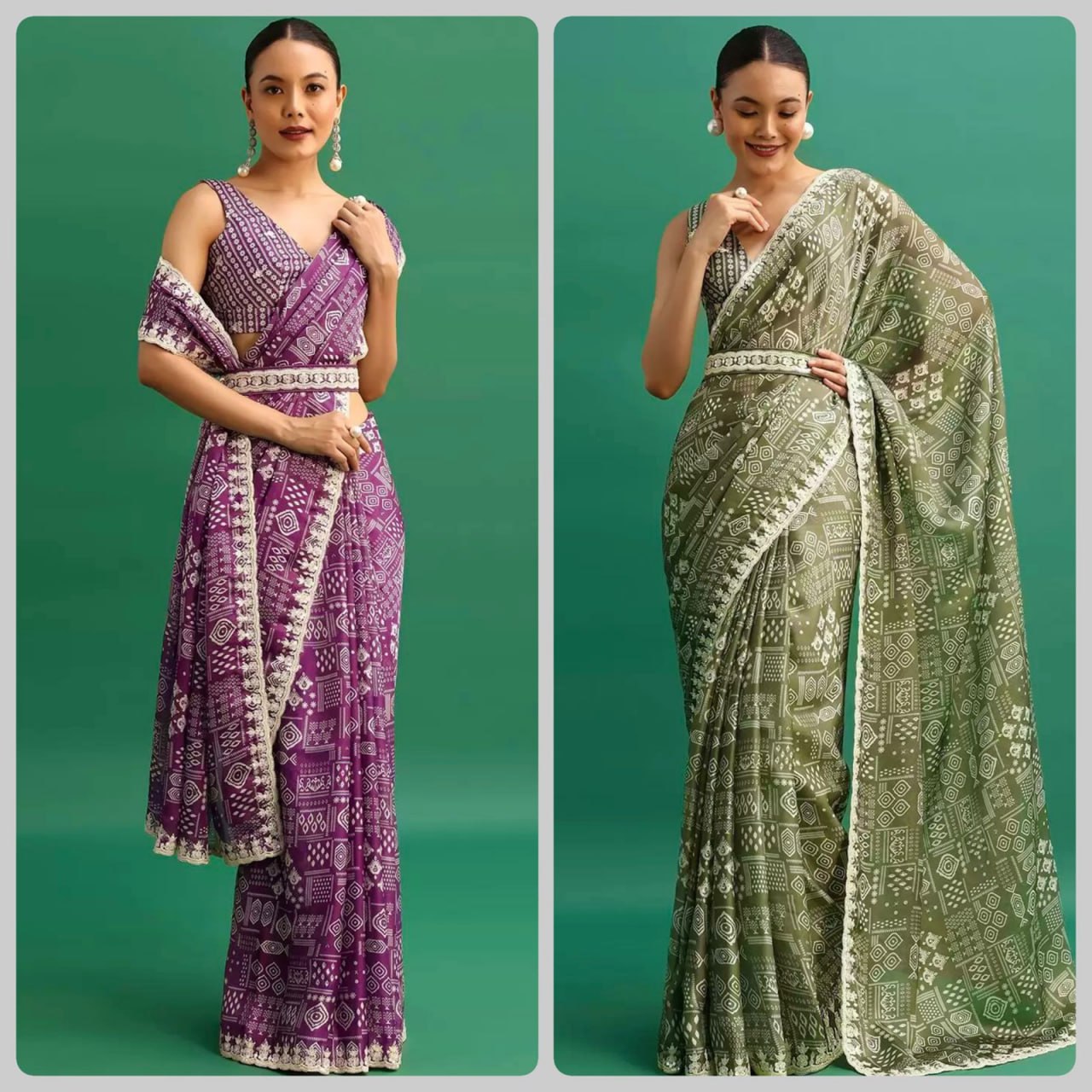 Chinnon Silk Saree | Digital Prints & Embroidery Codding, Sequins Work | Fancy CutWork Border | Includes Chinnon Silk Blouse