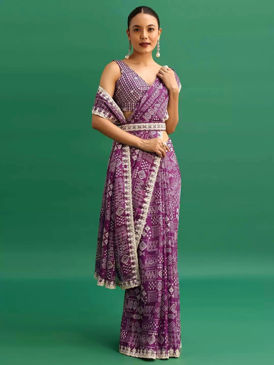 Chinnon Silk Saree | Digital Prints & Embroidery Codding, Sequins Work | Fancy CutWork Border | Includes Chinnon Silk Blouse