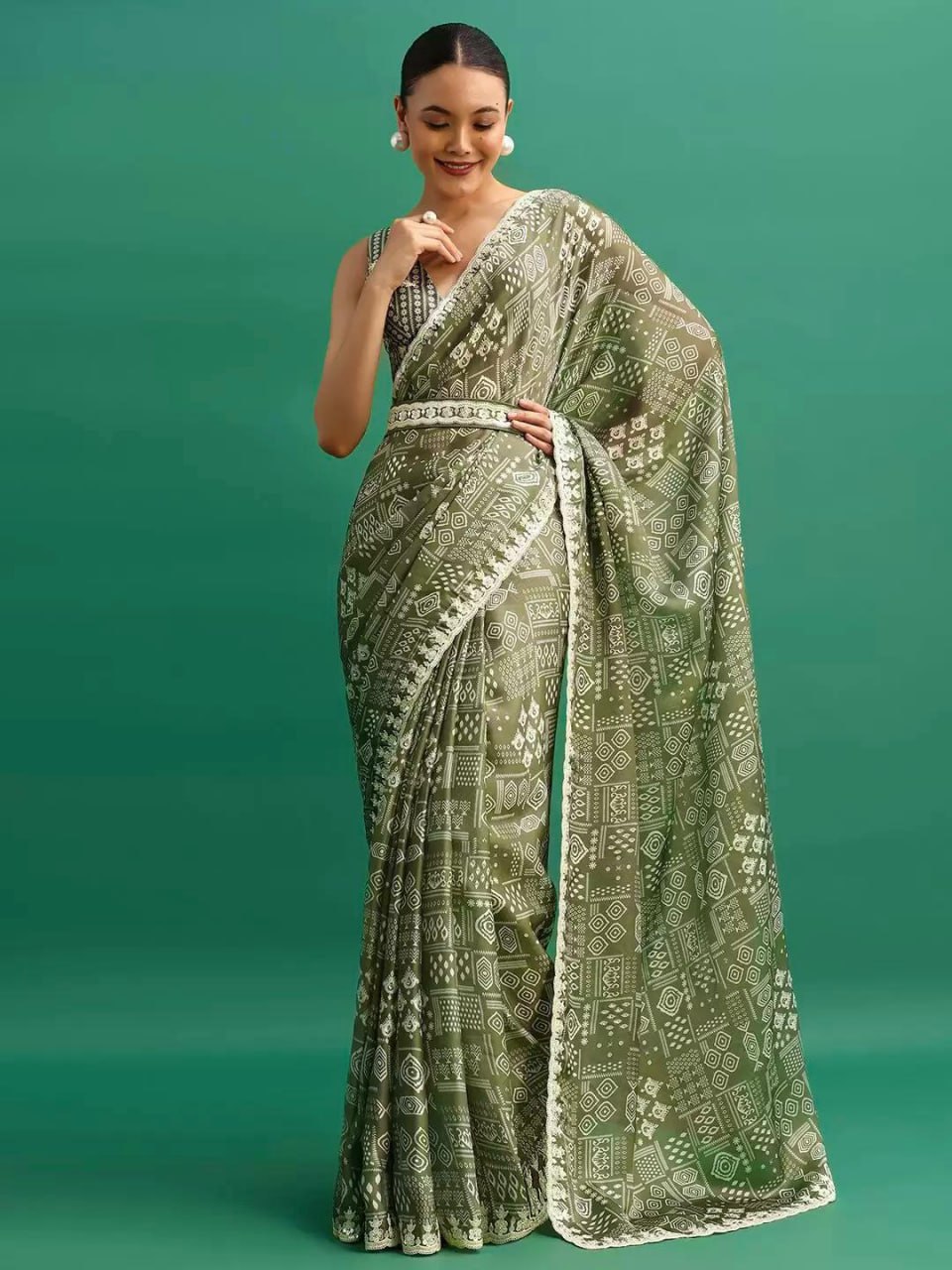 Chinnon Silk Saree | Digital Prints & Embroidery Codding, Sequins Work | Fancy CutWork Border | Includes Chinnon Silk Blouse