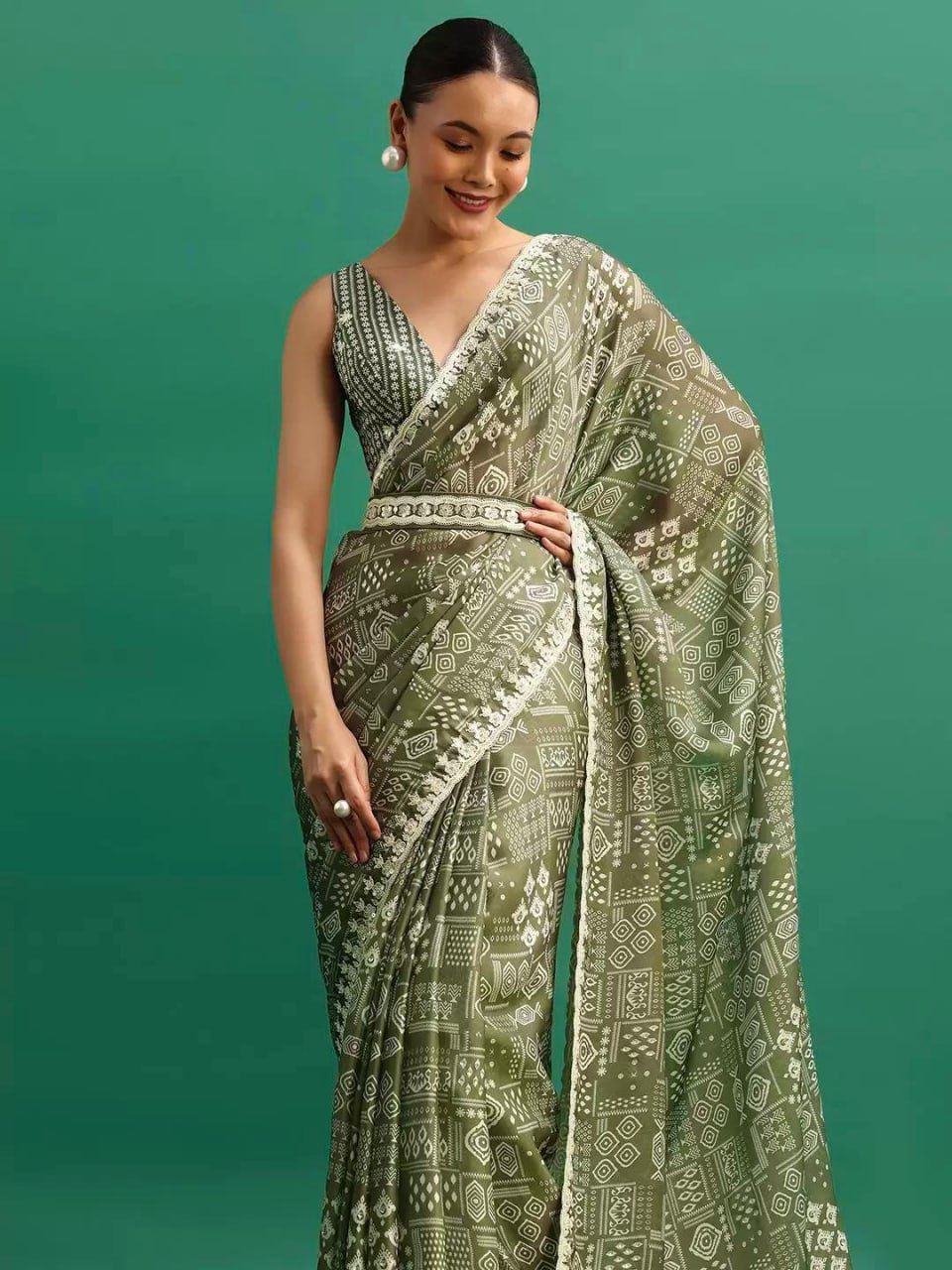Chinnon Silk Saree | Digital Prints & Embroidery Codding, Sequins Work | Fancy CutWork Border | Includes Chinnon Silk Blouse