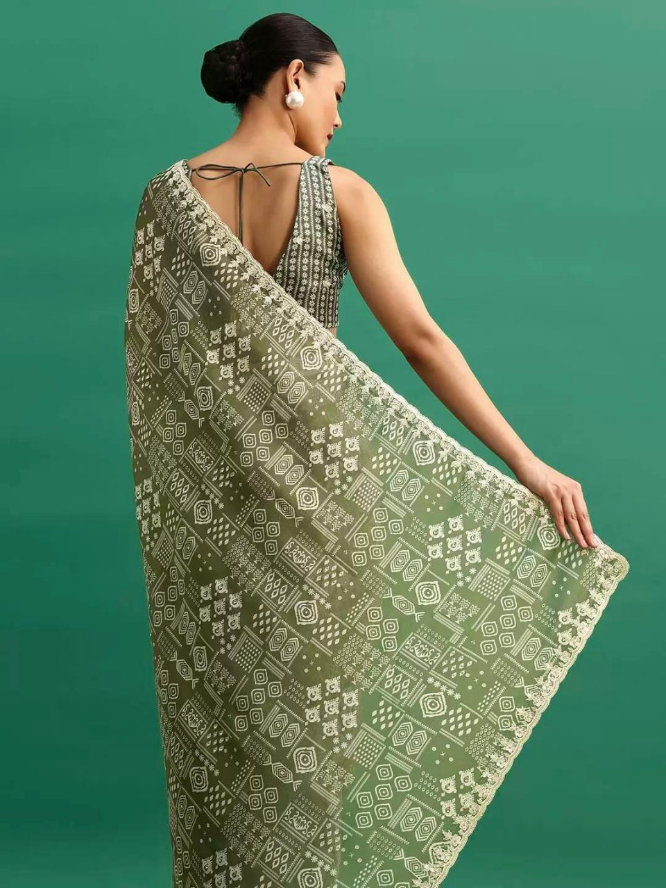 Chinnon Silk Saree | Digital Prints & Embroidery Codding, Sequins Work | Fancy CutWork Border | Includes Chinnon Silk Blouse