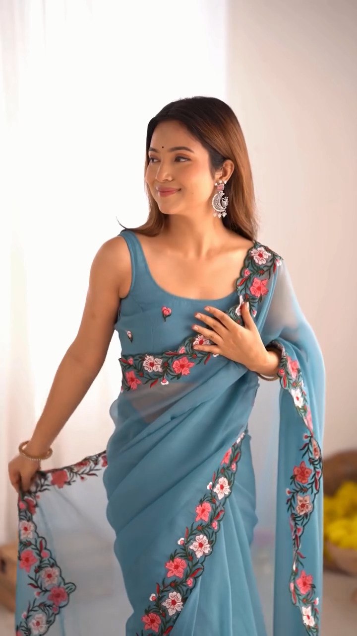 Beautiful Pastel Embroidery Multi-Thread Work Saree