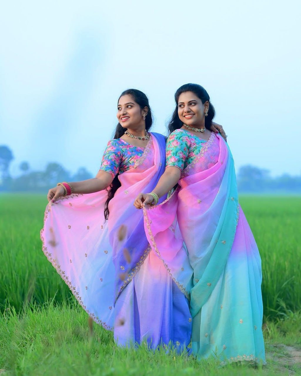 Flower Embroidered and Hand Moti work Saree