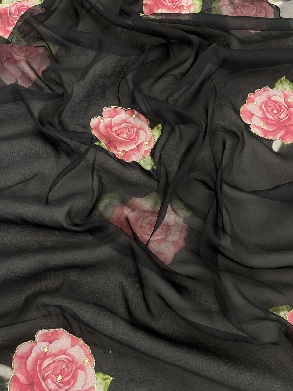 Soft Organza Digital Print Saree With Full Handwork And Border Stitched Silk Blouse