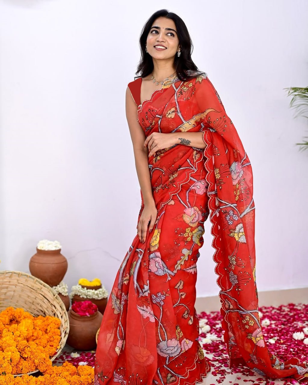 Soft Vichitra Digital Prints With Mirror Sequnce Work