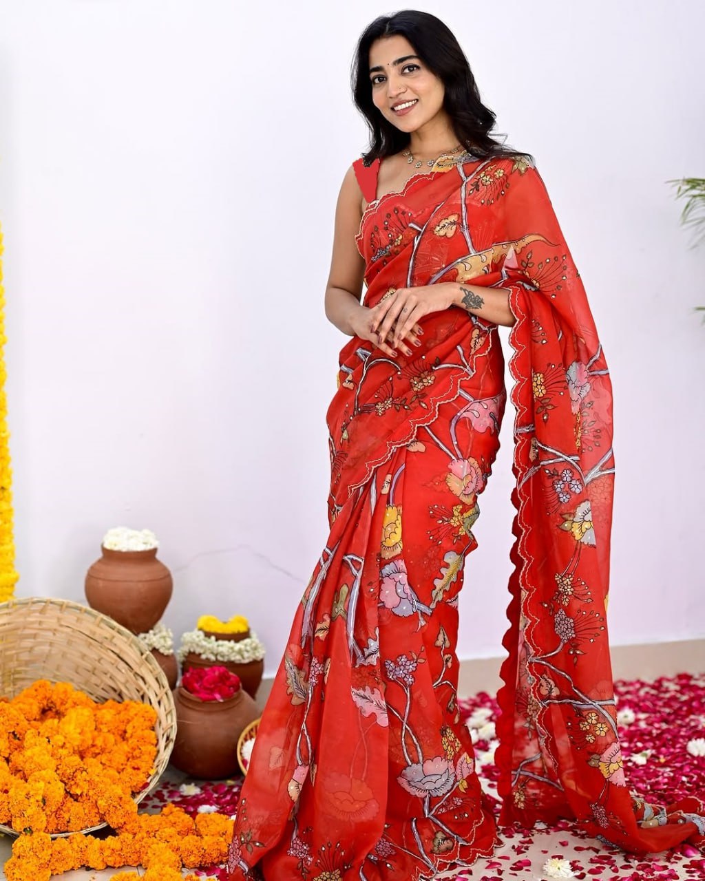 Soft Vichitra Digital Prints With Mirror Sequnce Work
