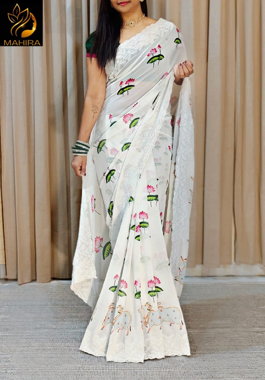 Soft Georgette Fabric Along With Pichwai Print Along With Lucknowi Pure Viscous Cotton Thread With Cutwork