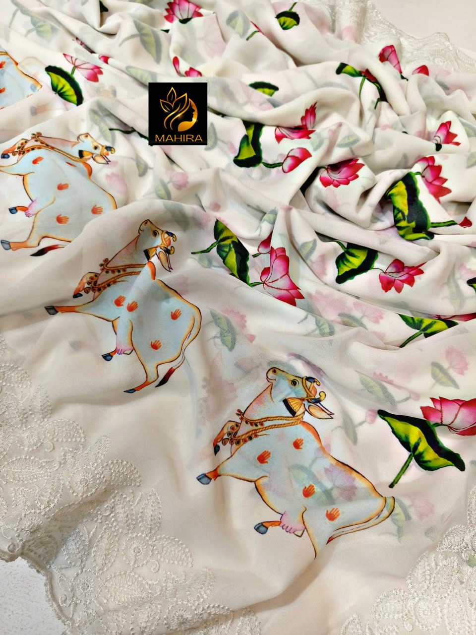 Soft Georgette Fabric Along With Pichwai Print Along With Lucknowi Pure Viscous Cotton Thread With Cutwork