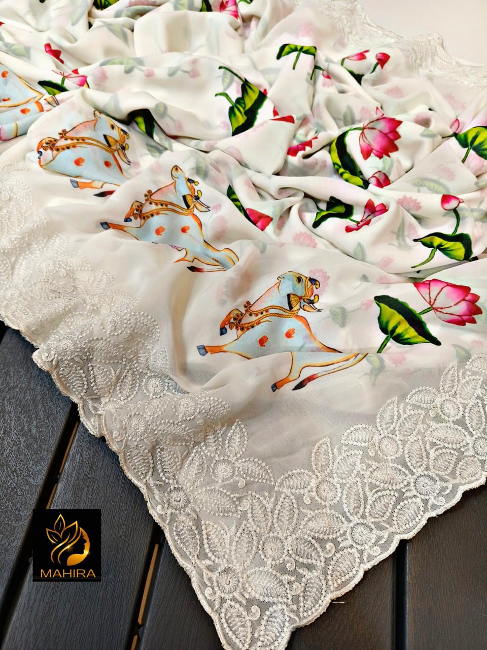 Soft Georgette Fabric Along With Pichwai Print Along With Lucknowi Pure Viscous Cotton Thread With Cutwork