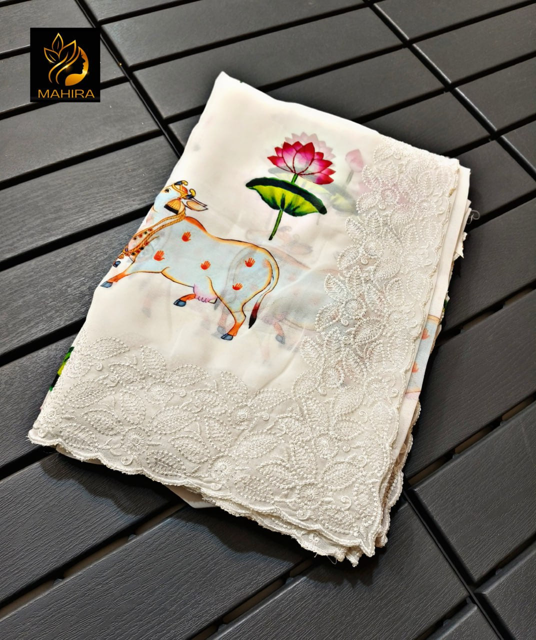 Soft Georgette Fabric Along With Pichwai Print Along With Lucknowi Pure Viscous Cotton Thread With Cutwork