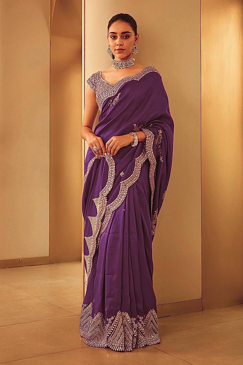 Beautiful Saree With Heavy Embroidery Coding Sequins Work And Blouse