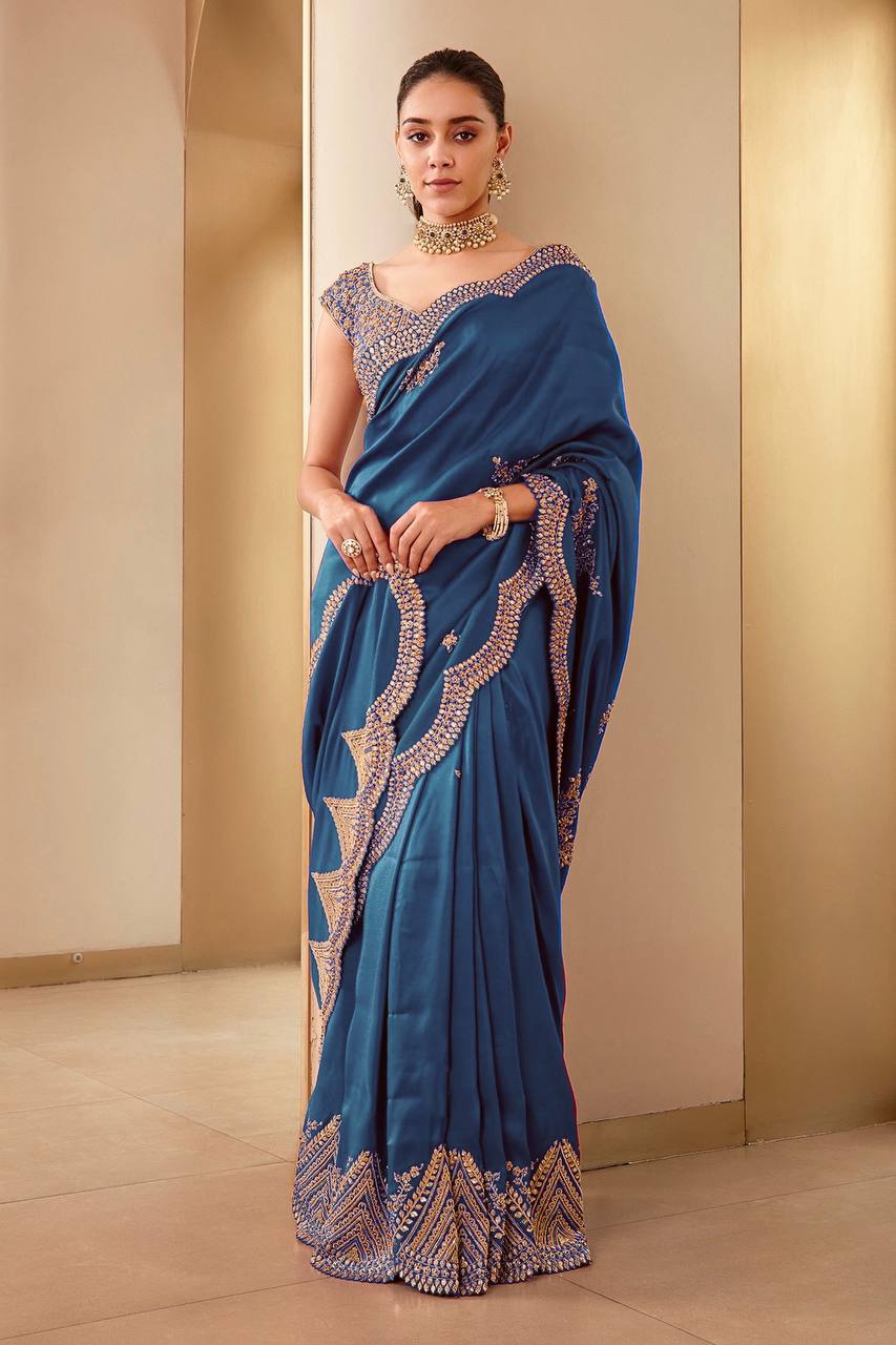 Beautiful Saree With Heavy Embroidery Coding Sequins Work And Blouse