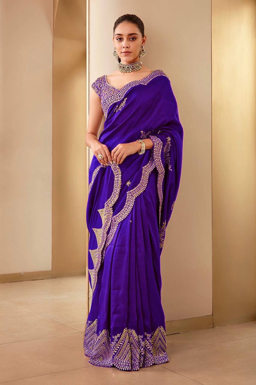 Beautiful Saree With Heavy Embroidery Coding Sequins Work And Blouse
