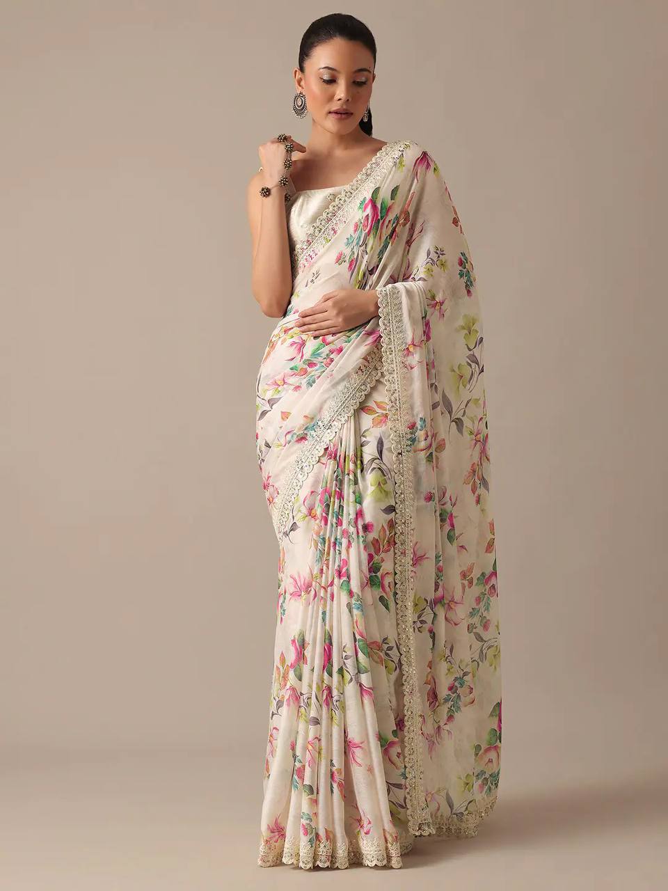 Mono Banglory Silk Digital Prints And Embroidery Codding Work Saree And Blouse
