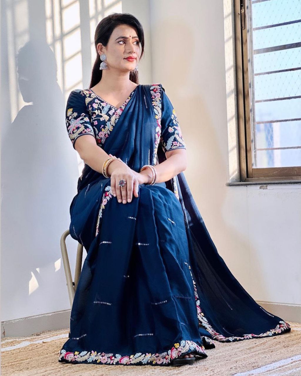 Heavy Rangoli Silk Saree With Fancy Embroidery Sequences Work With Blouse
