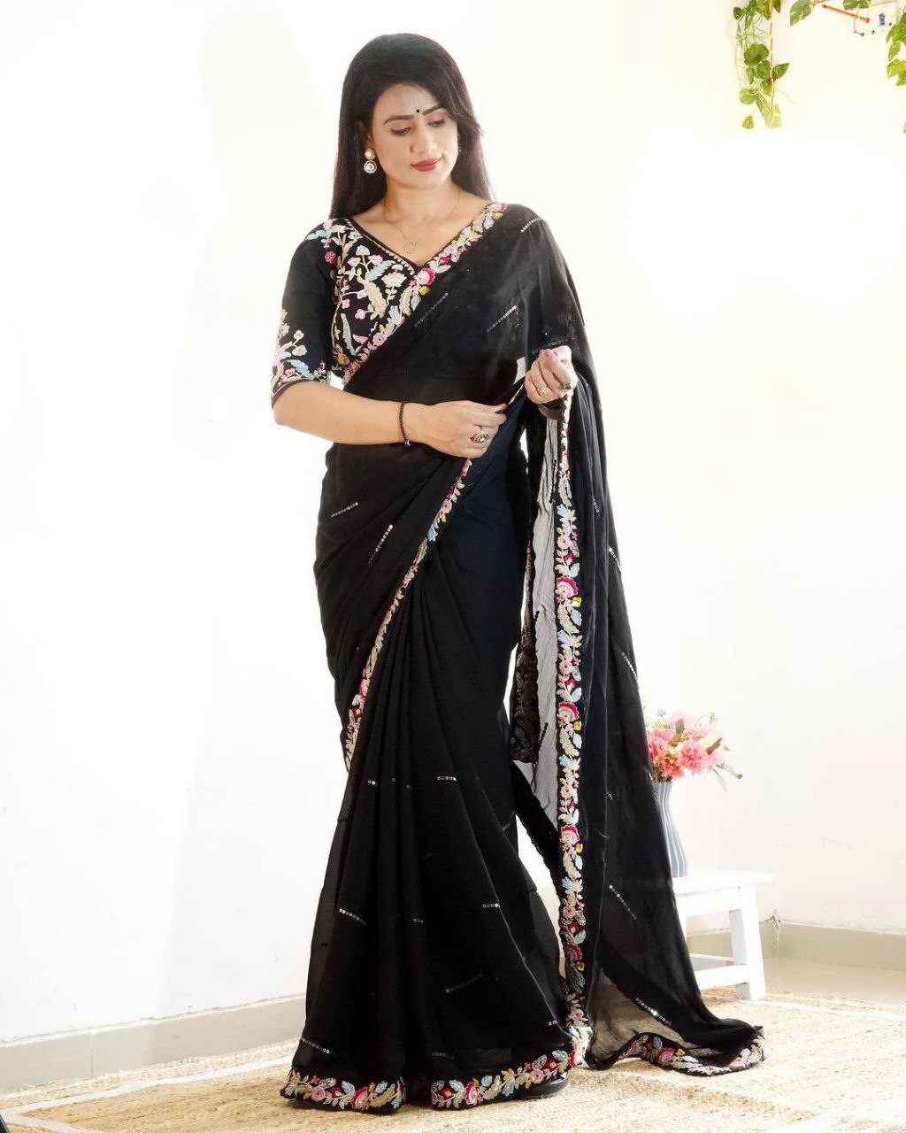 Heavy Rangoli Silk Saree With Fancy Embroidery Sequences Work With Blouse