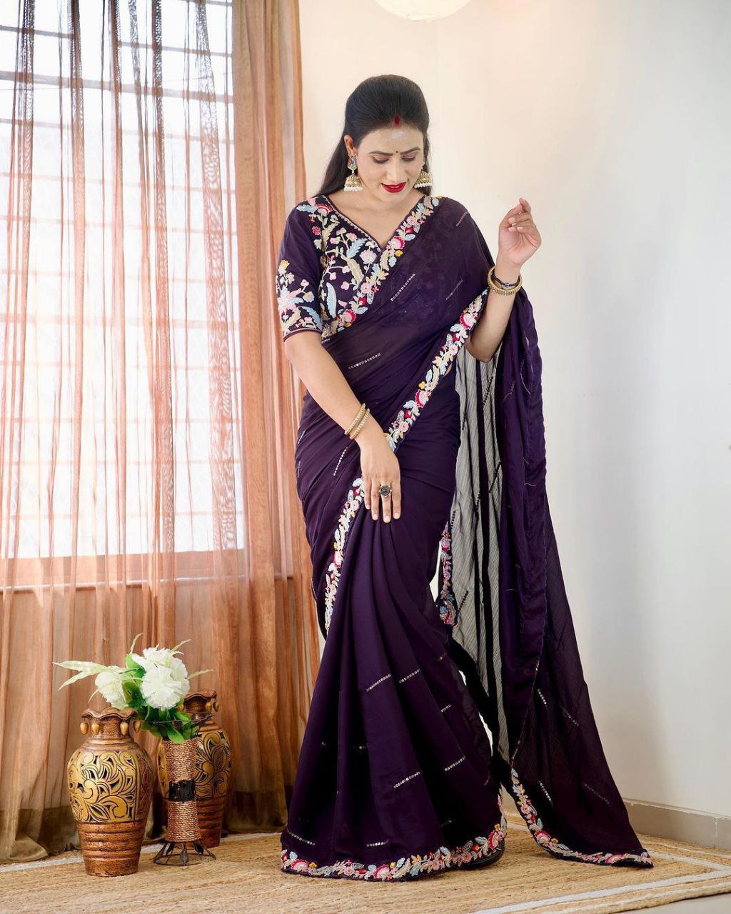 Heavy Rangoli Silk Saree With Fancy Embroidery Sequences Work With Blouse