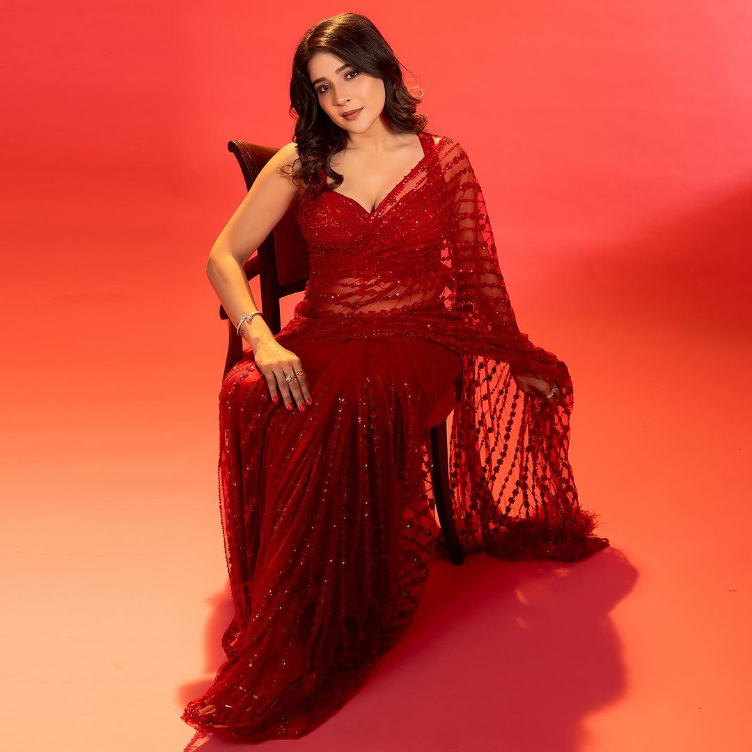 Red Color Bollywood Sequence Heavy Nylon Butterfly Net Saree With Unstitched Blouse