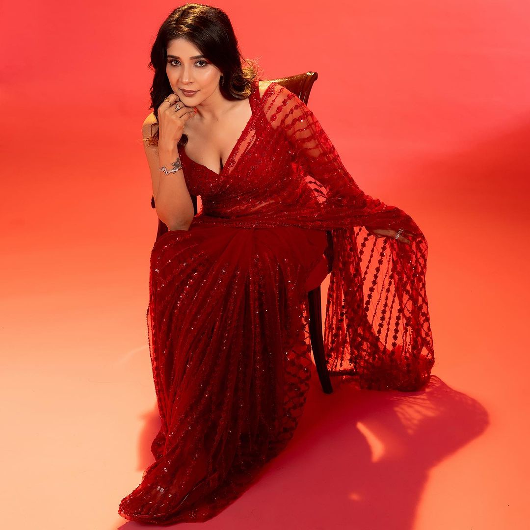 Red Color Bollywood Sequence Heavy Nylon Butterfly Net Saree With Unstitched Blouse