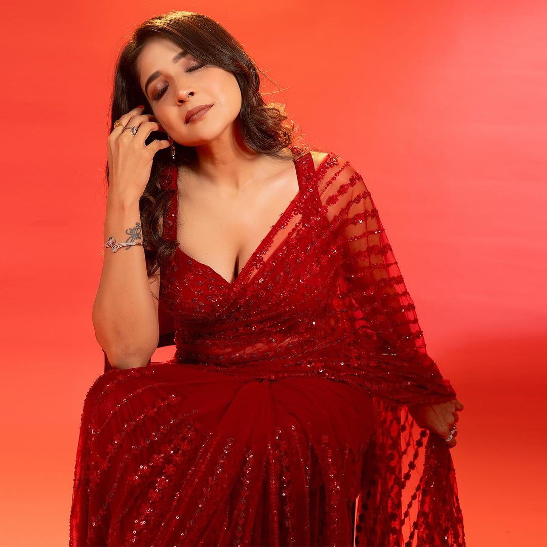 Red Color Bollywood Sequence Heavy Nylon Butterfly Net Saree With Unstitched Blouse