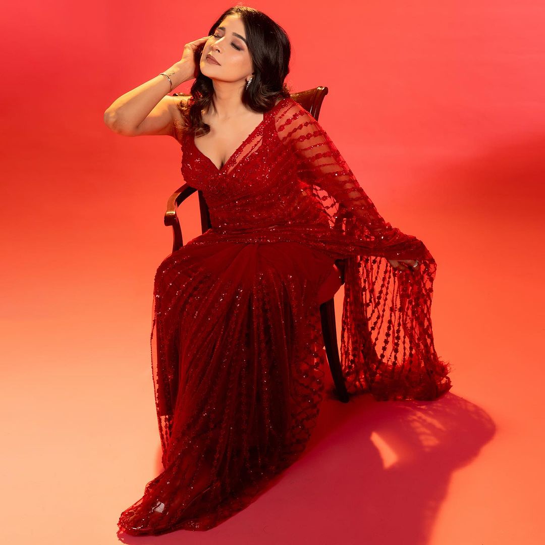 Red Color Bollywood Sequence Heavy Nylon Butterfly Net Saree With Unstitched Blouse