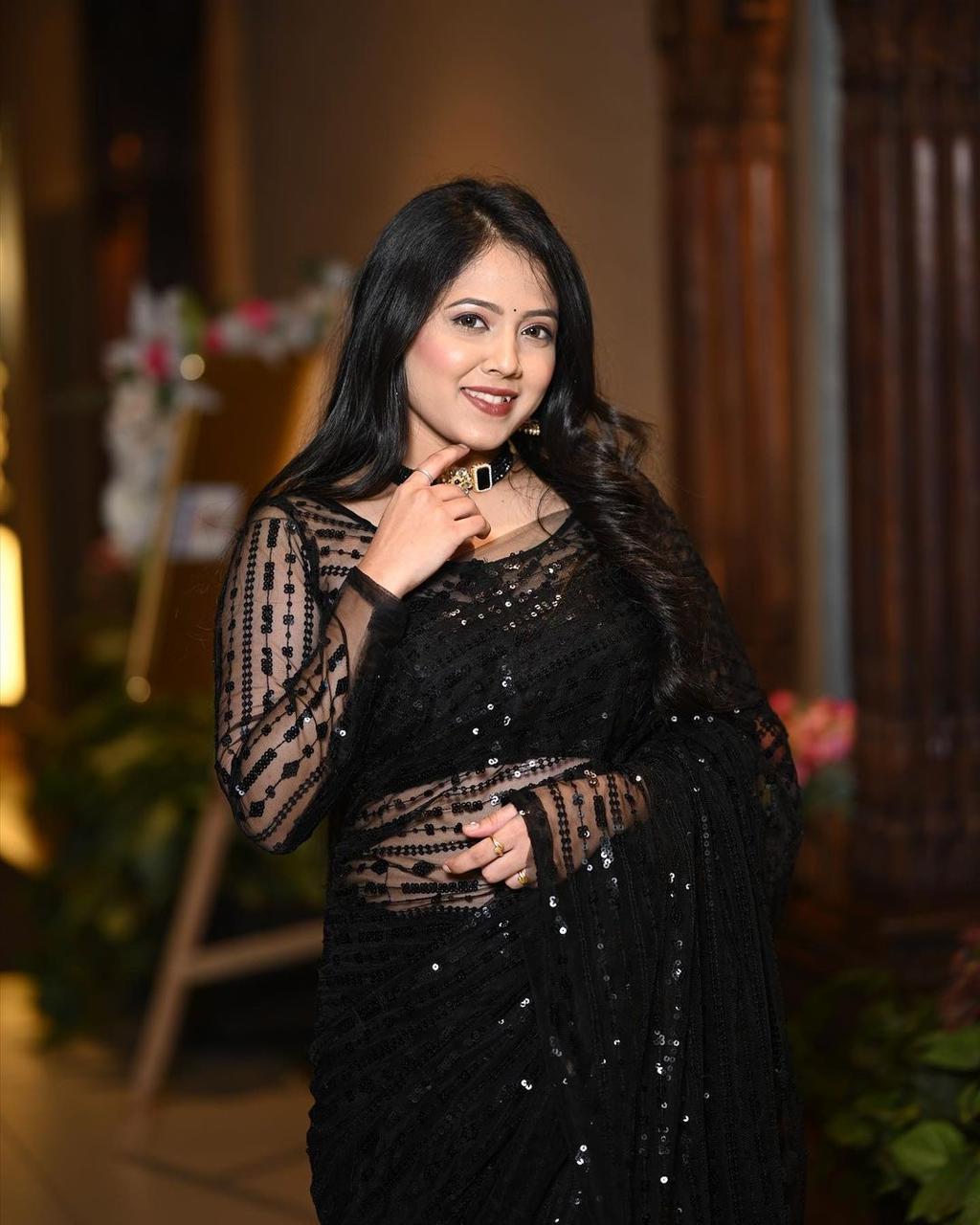 Black Color Heavy Nylon Sequined Net Saree With Blouse For Women