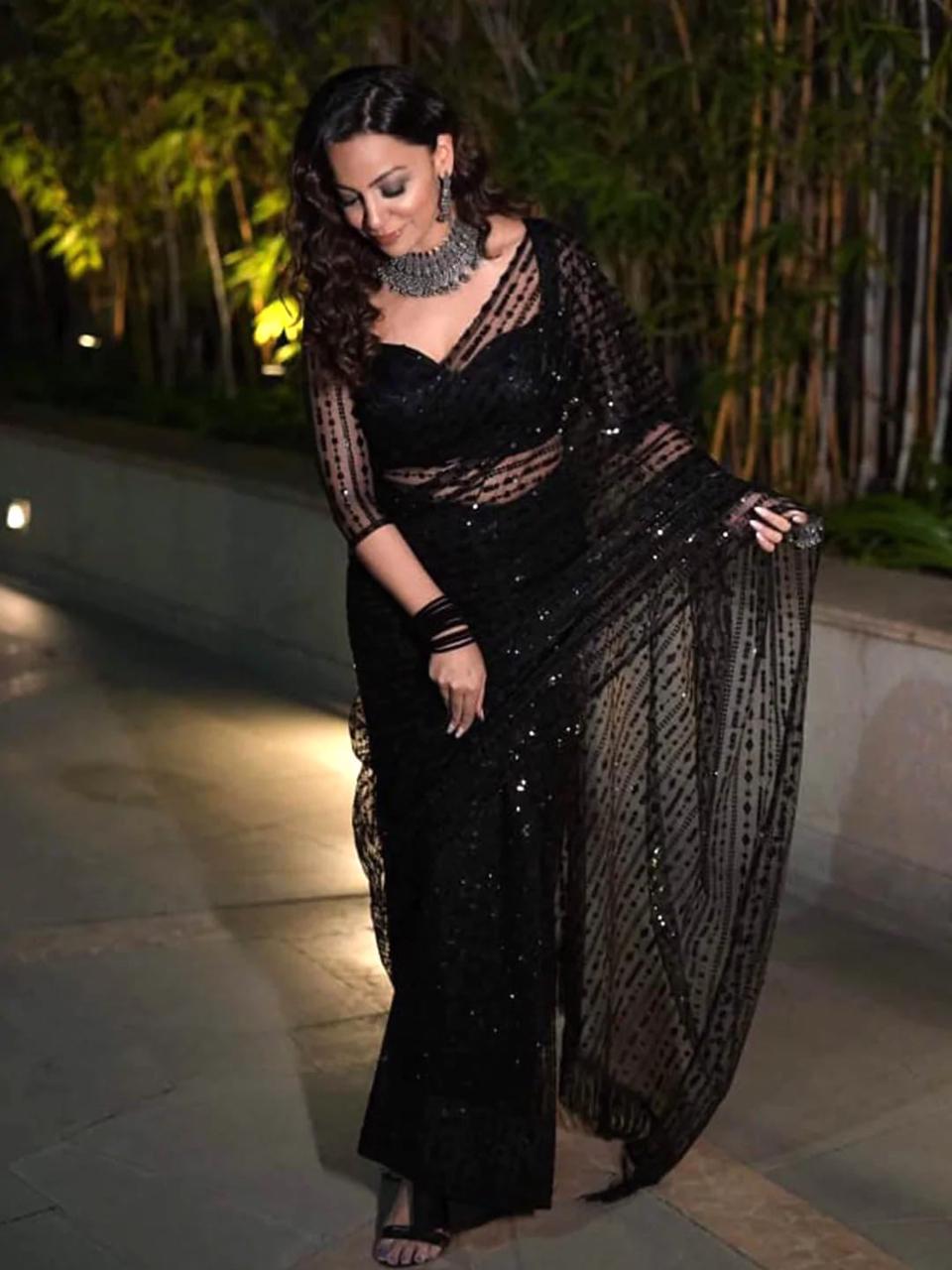 Black Color Heavy Nylon Sequined Net Saree With Blouse For Women