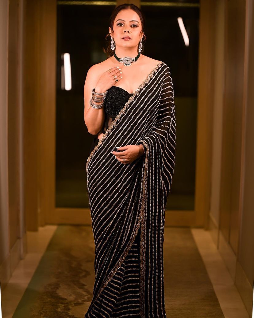 Black Color Georgette Fabric With Beautiful Fancy Viscous Thread Sequence Embroidery Saree With Blouse