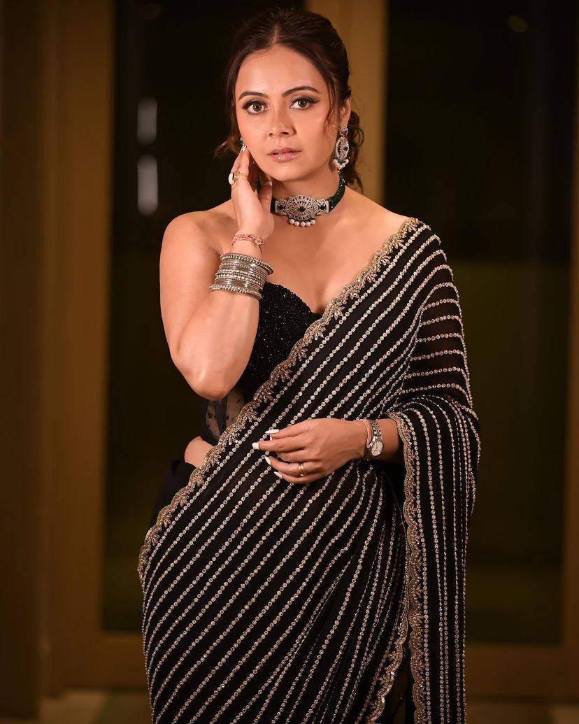 Black Color Georgette Fabric With Beautiful Fancy Viscous Thread Sequence Embroidery Saree With Blouse