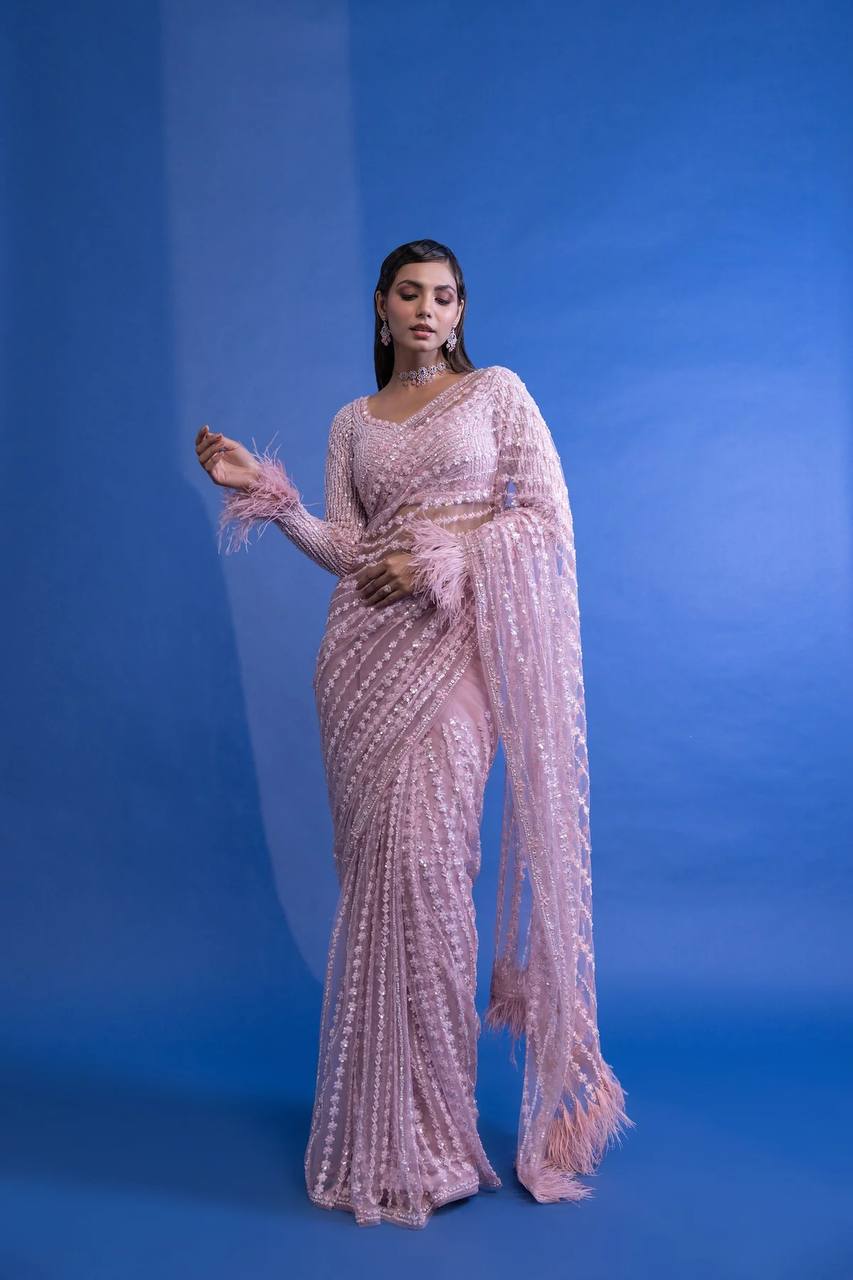Bollywood Heavy Nylone Butterfly Net Fancy Multy Sequnce Work With Zalar Attached Lace Border Saree With Blouse