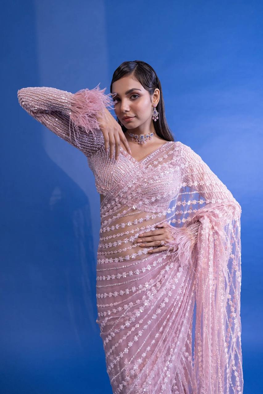 Bollywood Heavy Nylone Butterfly Net Fancy Multy Sequnce Work With Zalar Attached Lace Border Saree With Blouse
