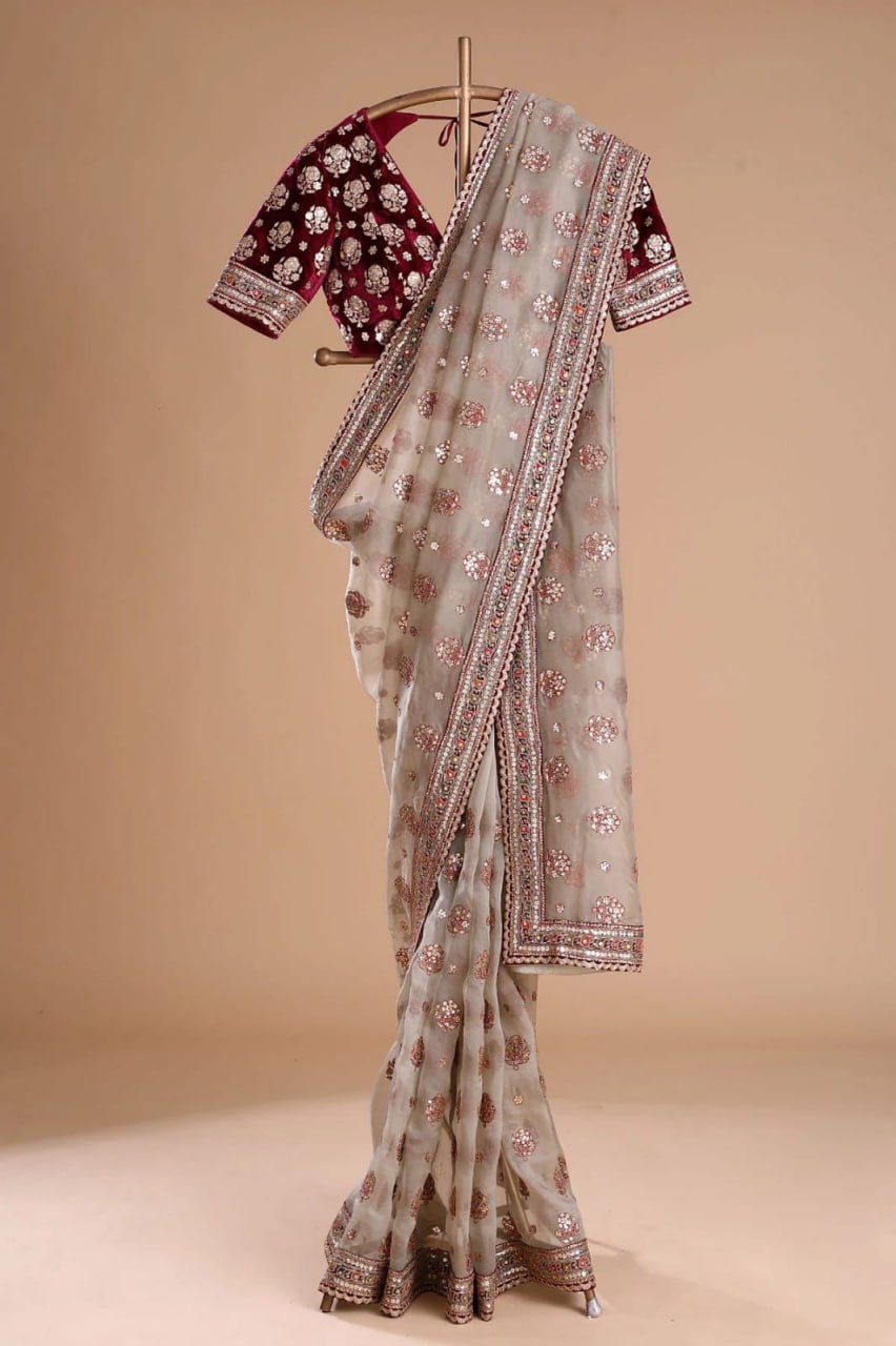 Red Color Heavy Soft Tissue Organza Silk Saree Embroidery Zari Thread Work And Blouse