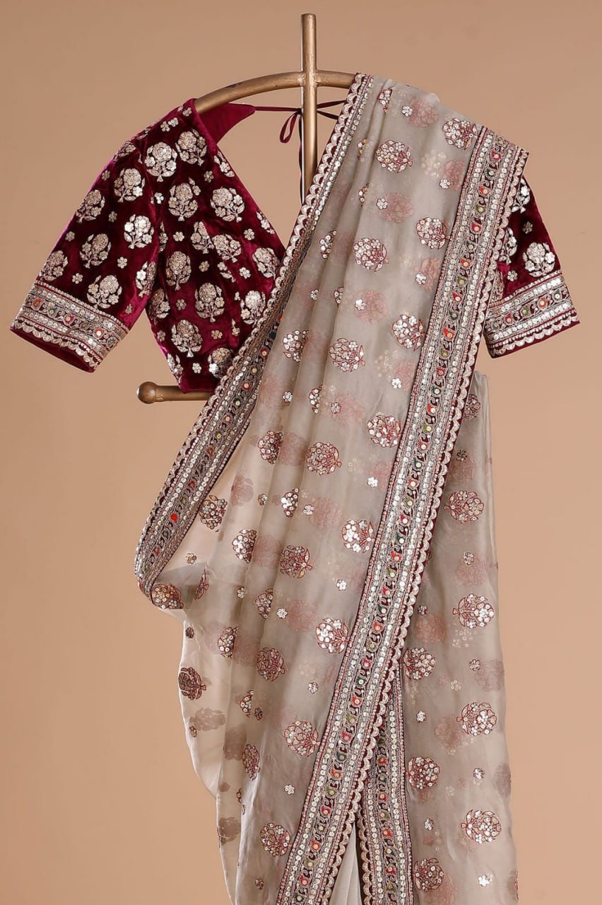 Red Color Heavy Soft Tissue Organza Silk Saree Embroidery Zari Thread Work And Blouse