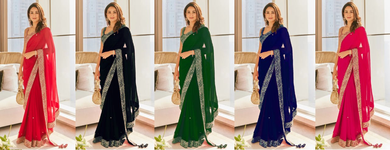 Beautiful Fancy Heavy Georgette Fancy Dori Thread & Sequence Work Saree With Blouse