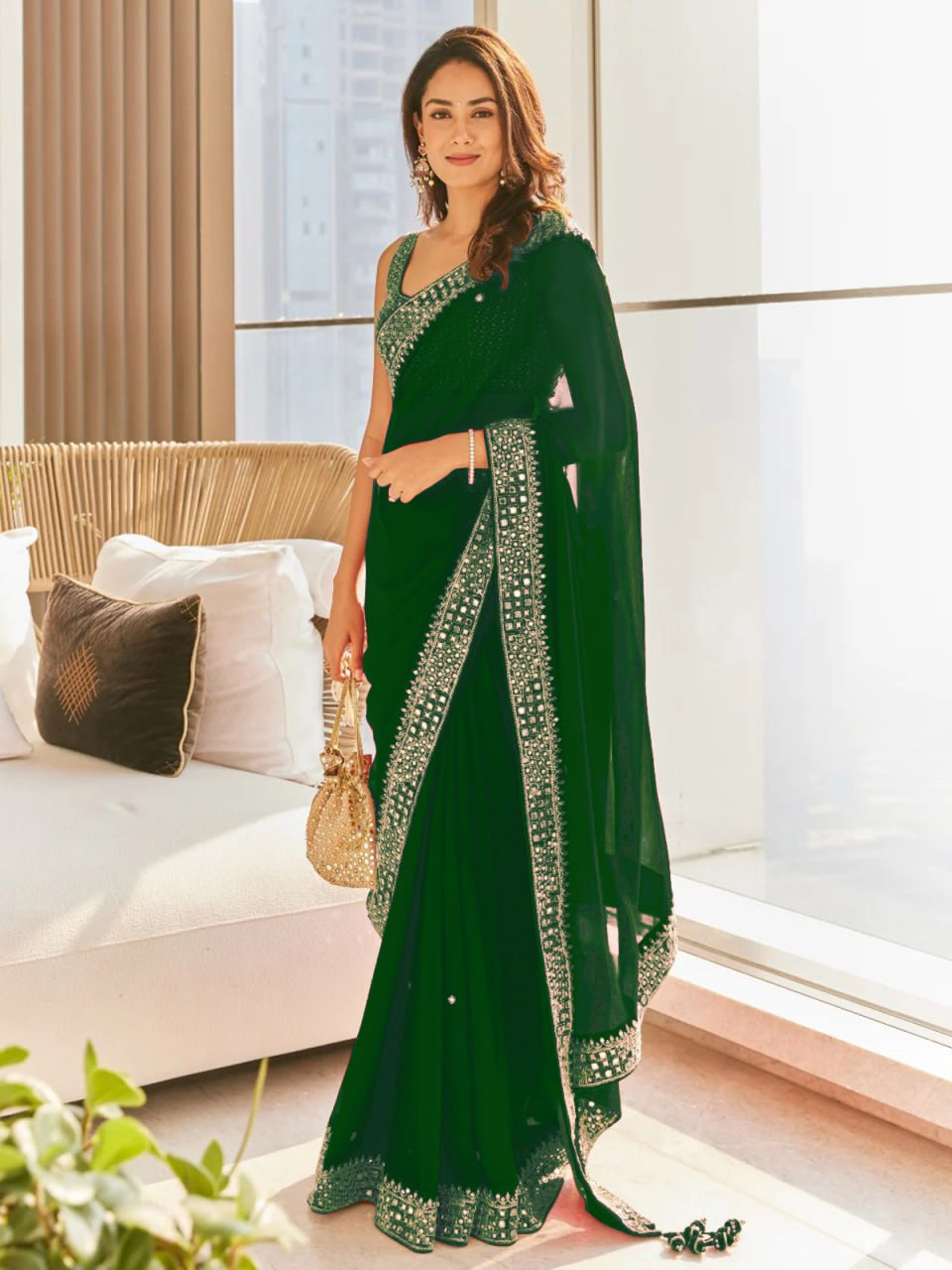 Beautiful Fancy Heavy Georgette Fancy Dori Thread & Sequence Work Saree With Blouse