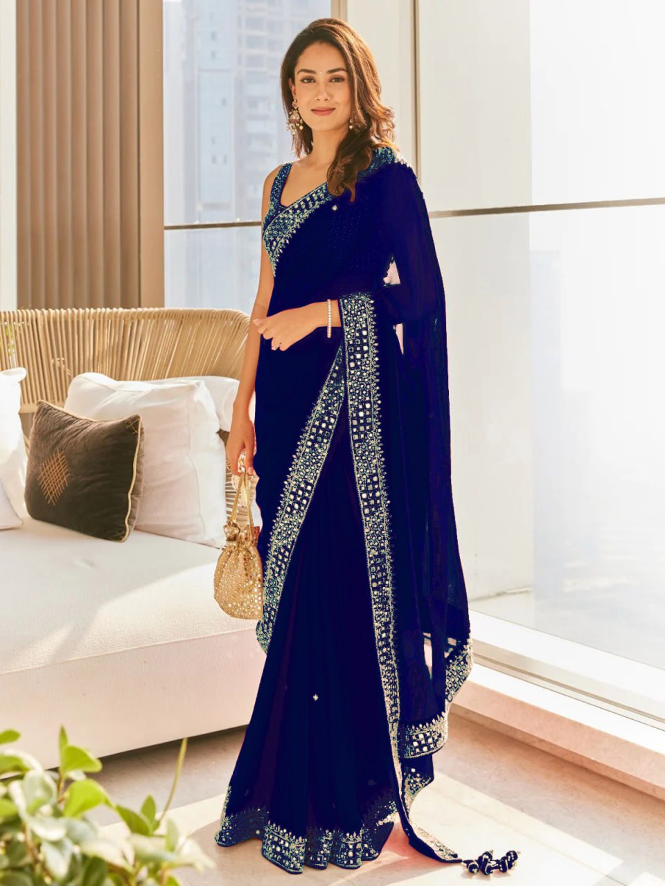 Beautiful Fancy Heavy Georgette Fancy Dori Thread & Sequence Work Saree With Blouse