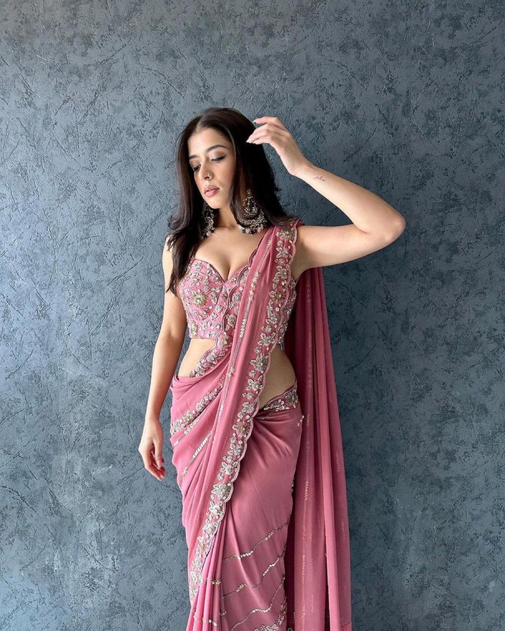 Pink Color Beautiful Heavy Pure Soft Georgette Saree Embroidery Thread And Sequence Work And Blouse