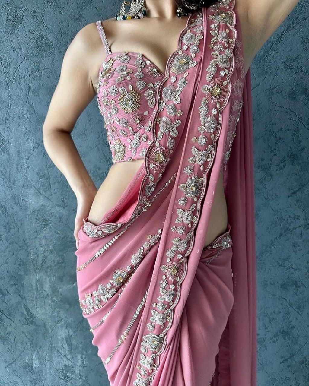 Pink Color Beautiful Heavy Pure Soft Georgette Saree Embroidery Thread And Sequence Work And Blouse