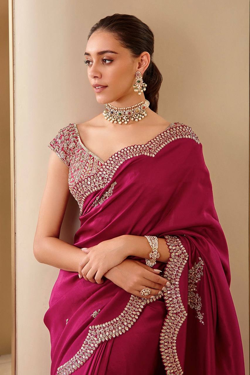 Beautiful Saree With Heavy Embroidery Coding Sequins Work And Blouse