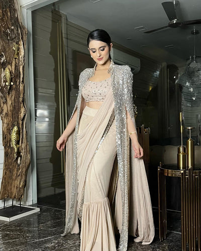 Sequin Pre Draped Saree With Jacket And Long Shrug Georgette Saree