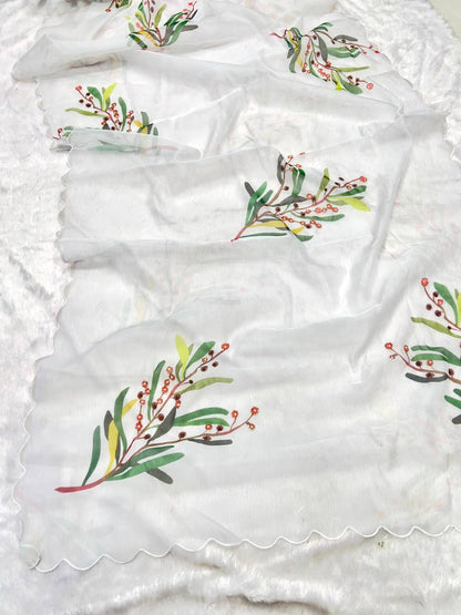 Soft Organza Digital Print Saree With Full Handwork And Border Stitched Silk Blouse