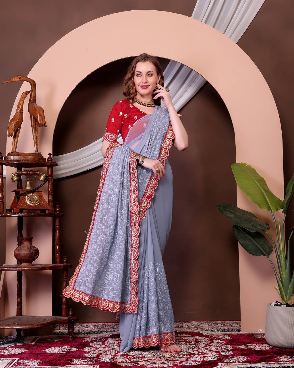Women's Soft Georgette Saree with All-Over Thread Chikankari Embroidery Saree